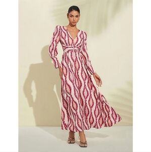 Pink Printed V-Neck Long Sleeve Maxi Dress